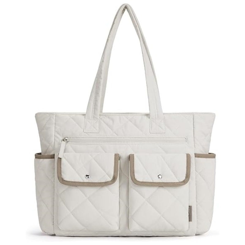 Beige Women’s Multi-Pocket Tote Bag – Large Quilted Travel Handbag for Work, Gym, and More