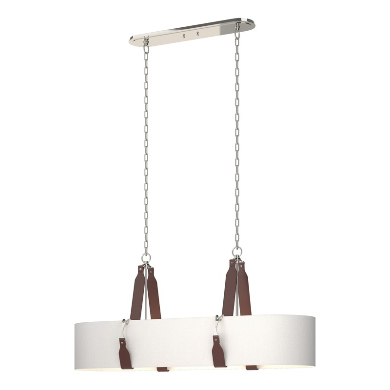 Saratoga Oval Pendant Polished Nickel British Brown Leather Natural Anna Shade (SF)