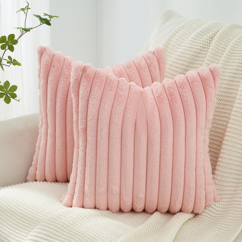 Faux Fur Cushion Covers – Chunky Embossed Flannel with Hidden Zipper – Pink, 45cm x 45cm (Pack of 2)