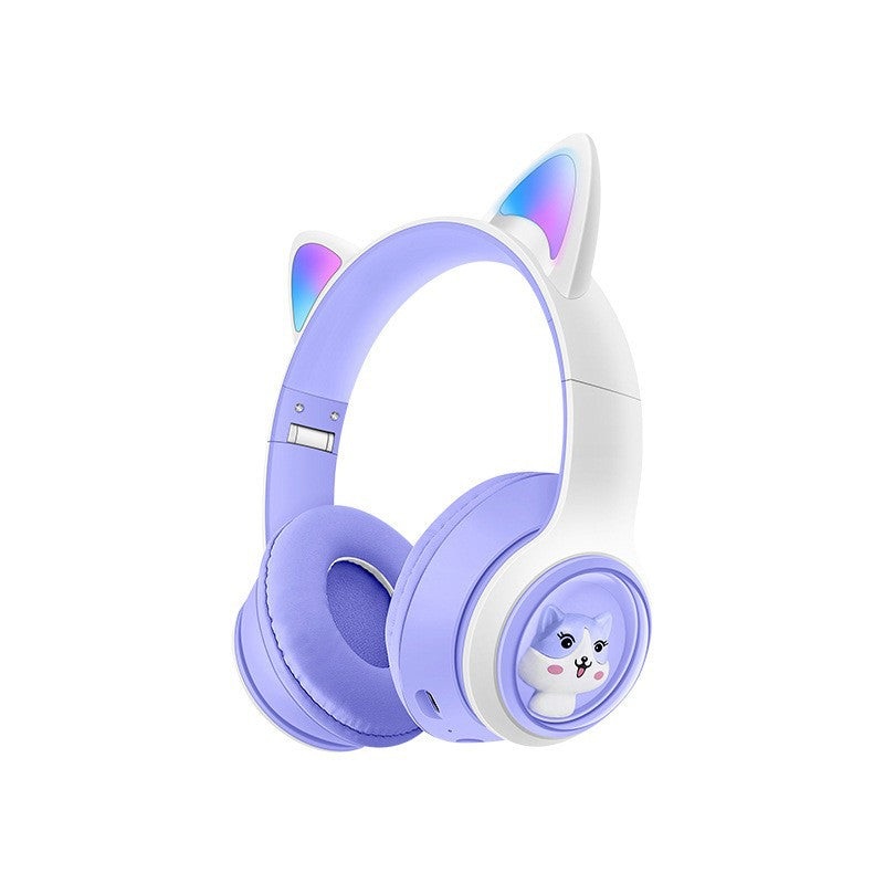 Cute Cat Ear Wireless Headphones – BT5.3, LED Lights, TF Card Slot, Soft Protein Padding(Purple)
