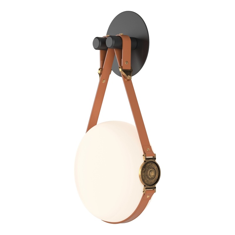 Derby LED Sconce Black Antique Brass with Chestnut Leather Hubbardton Forge Branded Plate