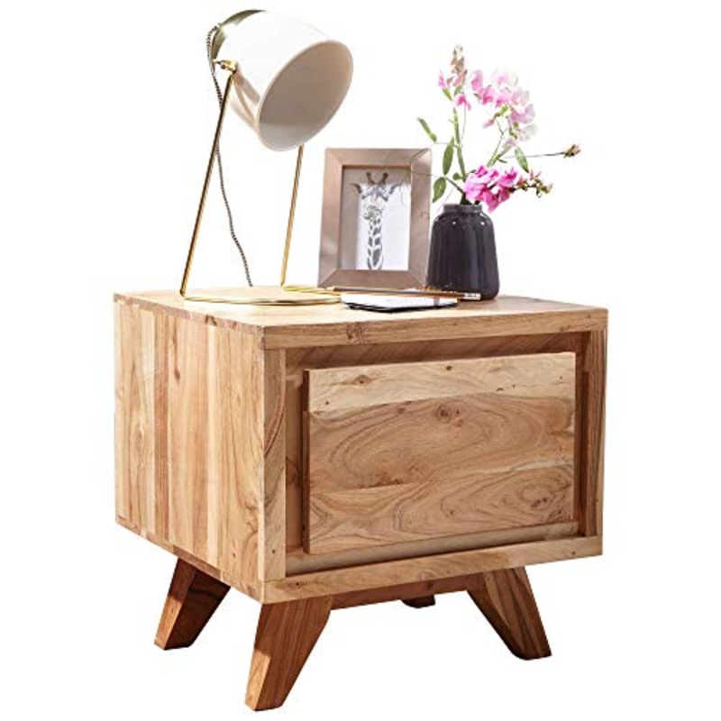 FineBuy Comodino Letto Legno Massello Acacia 45x44x45cm Stile Moderno | Consolle Notturna con cassetto | Comodino da Notte