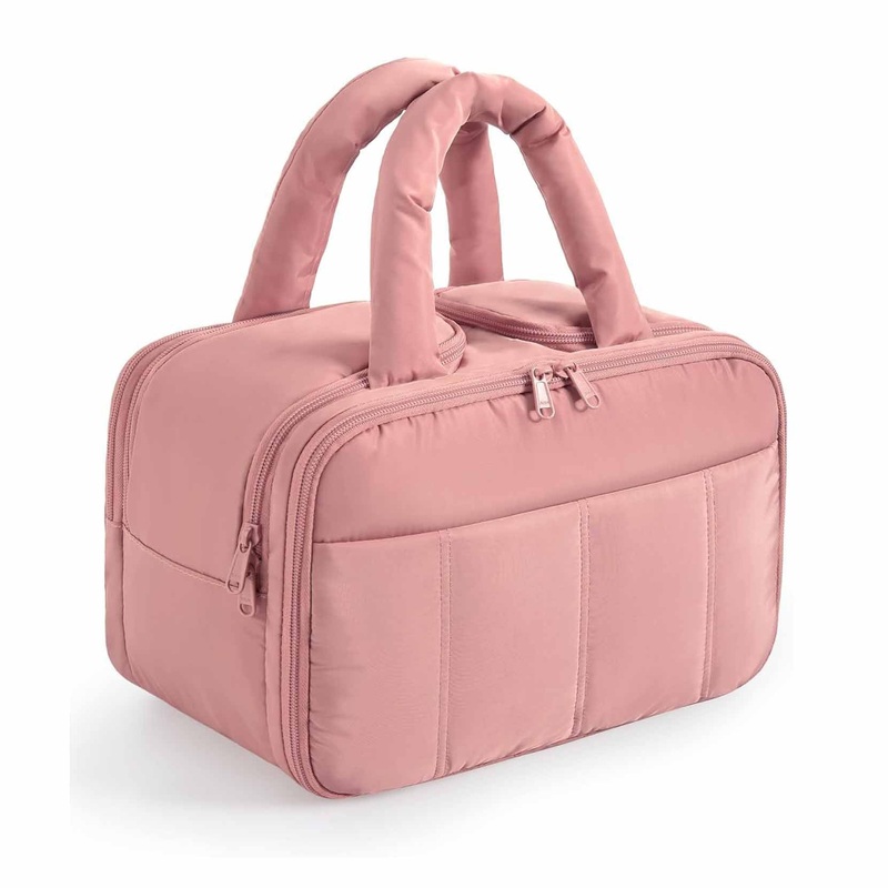 Peach Puffy Travel Wash Bag with Wide-Mouth Access and Wet-Dry Pockets