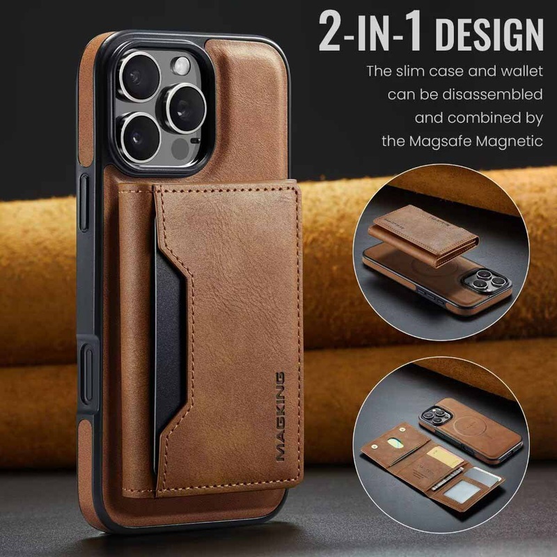 Brown Premium MagSafe Wallet Case for iPhone 16 Pro Max – Detachable PU Leather Magnetic Card Holder