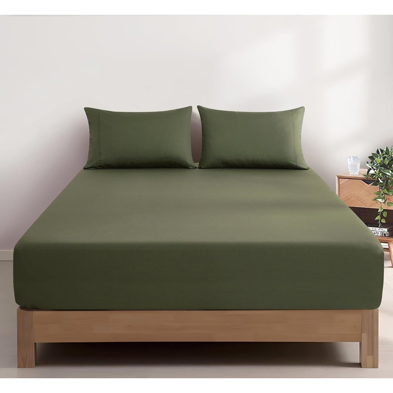 100% Vintage Washed Cotton Fitted Sheet Combo Set  100% Natural Cotton, Ultra Soft & Breathable  Includes Fitted Sheet & Pillowcases  Machine Washable (Khaki Green, Double)