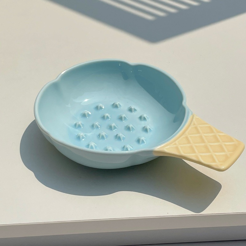 Blue and Yellow Adorable Ice Cream Cone Ceramic Slow Feeder Pet Bowl – Fun Anti-Gulp Design for Cats & Dogs
