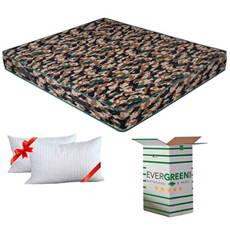 EVERGREENWEB Materasso Matrimoniale 180×200 in Waterfoam Alto 20 cm con Coppia Cuscini Memory Foam Ortopedico Rivestimento Effetto MASSAGIANTE Tessuto Antiacaro per Reti o Letti, Fashion Mimetico