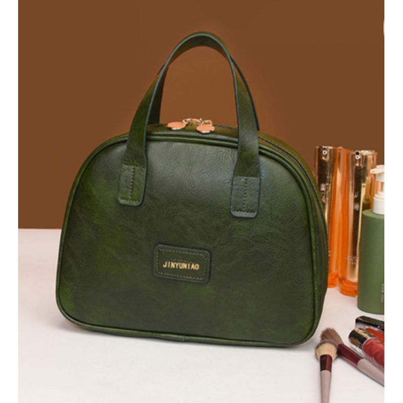 Green Retro PU Leather Cosmetic Bag – Large Capacity Travel Toiletry Organizer Pouch