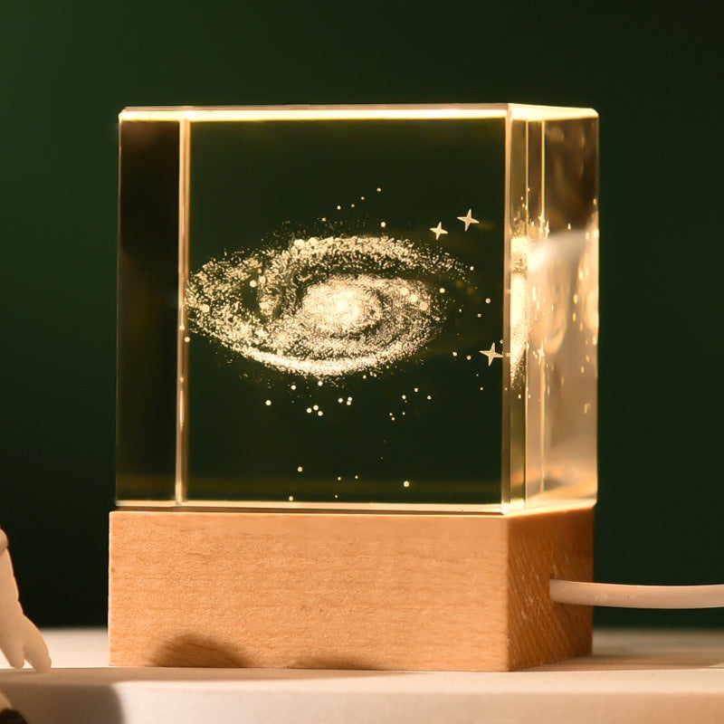 Milky Way Luminous 3D Crystal Cube Night Light – Laser Engraved Artwork with Solid Wood Base