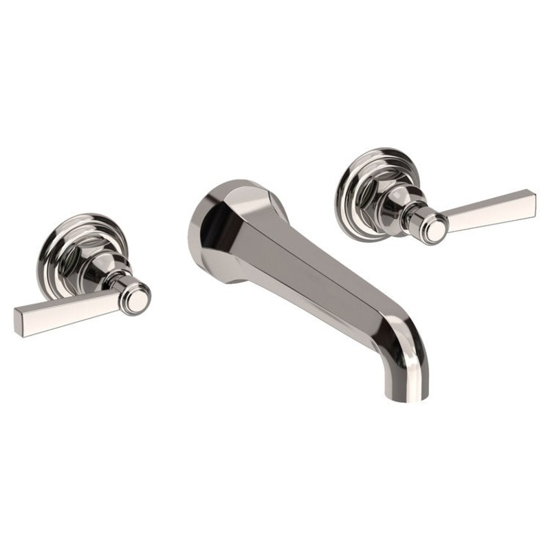 Lavatory Faucet Astor Wall Mount 8 Inch Spread 2 Lever ADA Watersense Polished Nickel 1.2 Gallons Per Minute Brass Less Drain Spout Reach 7-1/2 Inch