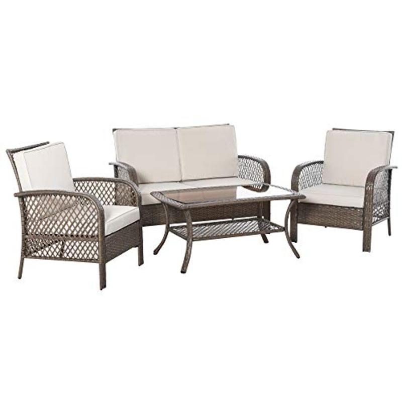 Outsunny Set Mobili da Giardino in Rattan Marrone, Set Tavolino, Sedie e Divano da Esterno 4Pz con Cuscini Imbottiti Cachi