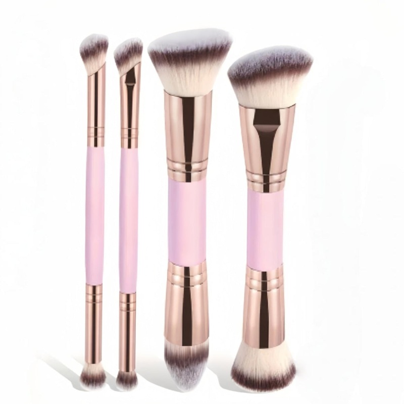Pink and Glod Versatile 4pc Dual-Ended Makeup Brush Set – Soft Synthetic Bristles for Foundation Blush Contour Concealer