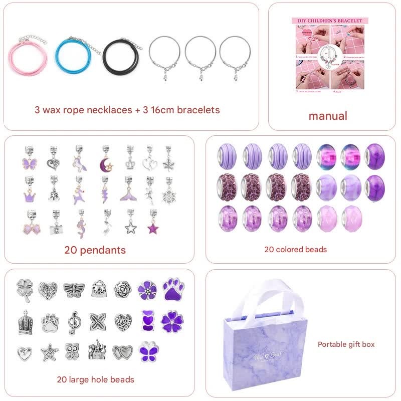 Unicorn DIY Beaded Bracelet Kit for Kids – Purple Crystal Beads and Charms Jewelry Set with Gift Box