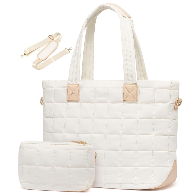 White New Large Capacity Tote Bag – Fashionable Quilted Women’s Shoulder Bag and Laptop Bag