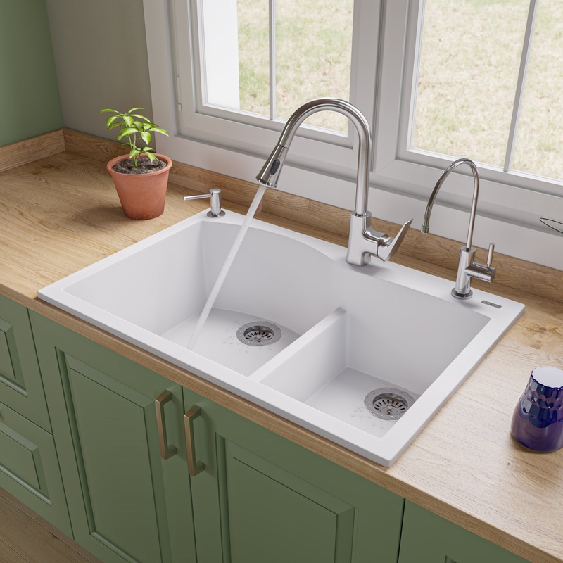 ALFI brand AB3320DI-W White 33″ Double Bowl Drop In Granite Composite Kitchen Sink