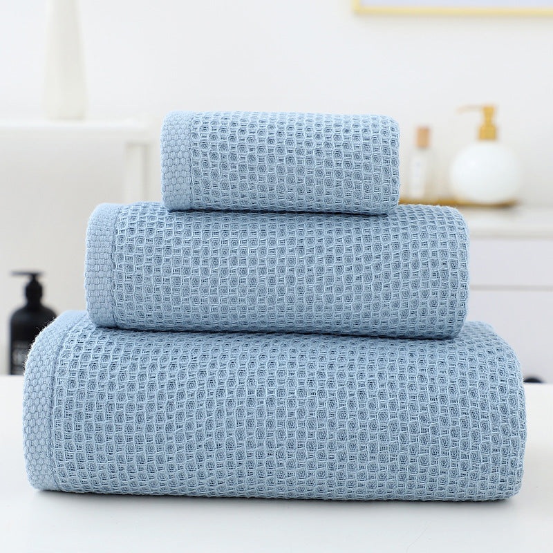 Blue Premium 3-Piece Waffle Weave Cotton Towel Set – Lightweight, Quick-Dry & Absorbent – Bath, Hand, Face Cloth