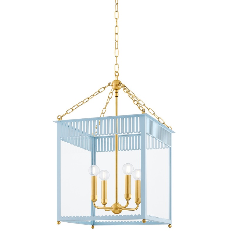Four Light Lantern from the Rosalie Collection in Aged Brass/Soft Arctic Blue Finish by Mitzi
