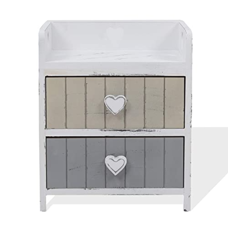 Rebecca Mobili Comodino shabby chic, mobile bagno 2 cassetti, legno paulownia, beige grigio, camera bagno – Misure: 44 x 35 x 27 cm (HxLxP) – Art. RE4376