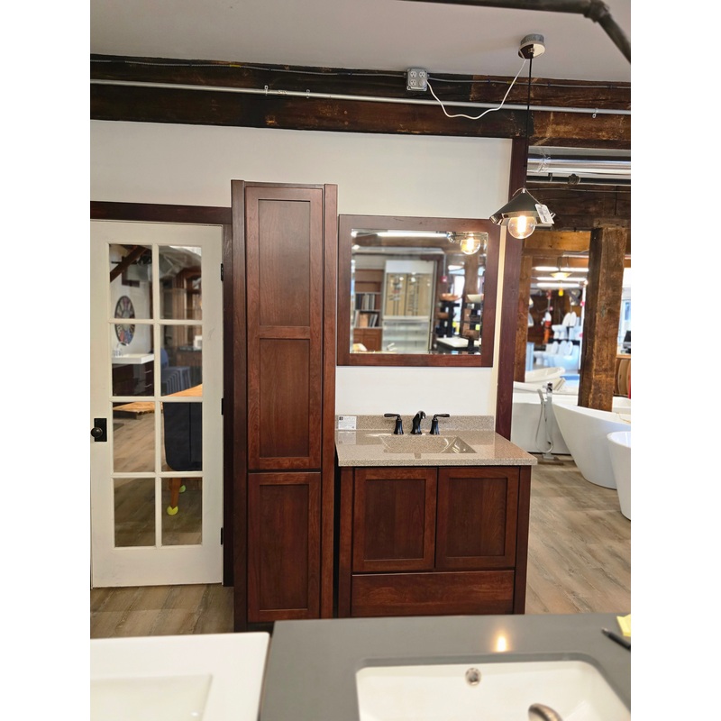 36″ Wood Vanity with Bertch Top and Black Pfister Faucet with 18″ Linen Closet and Matching Mirror