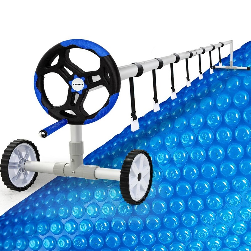 Aurelaqua Pool Cover Roller and 7.5×3.2m Solar Blanket 400 Micron, Blue