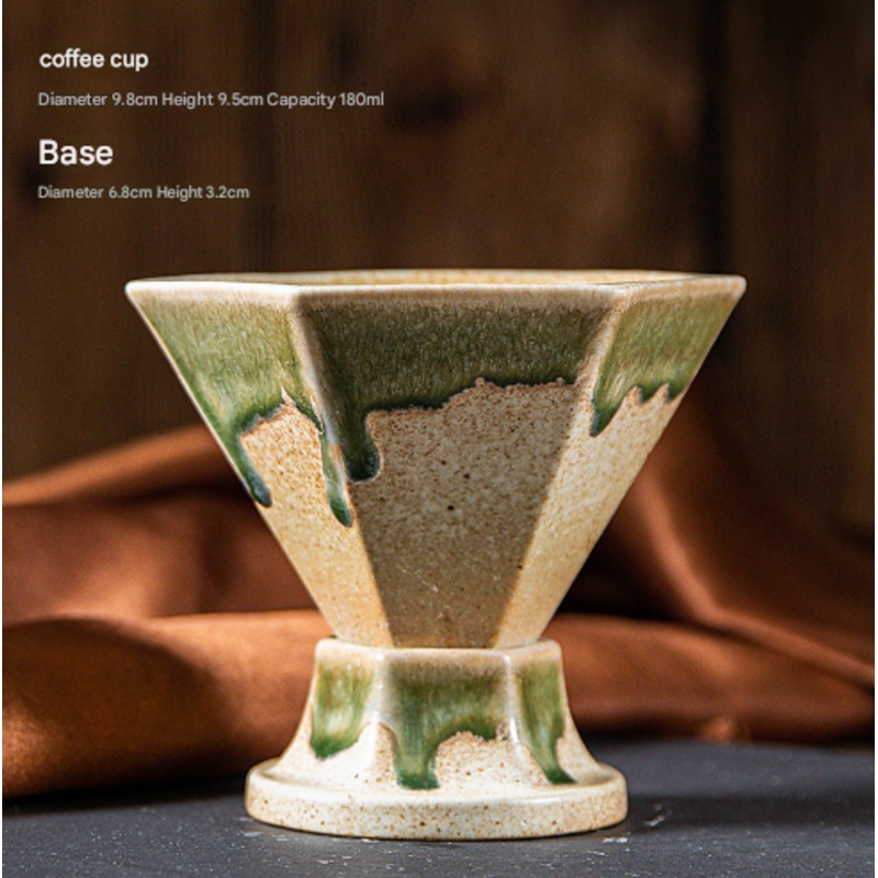Beige and Green Artistic Hexagonal Ceramic Coffee Cup & Stand Set – 180ml Nordic Design Drip Glaze Mug
