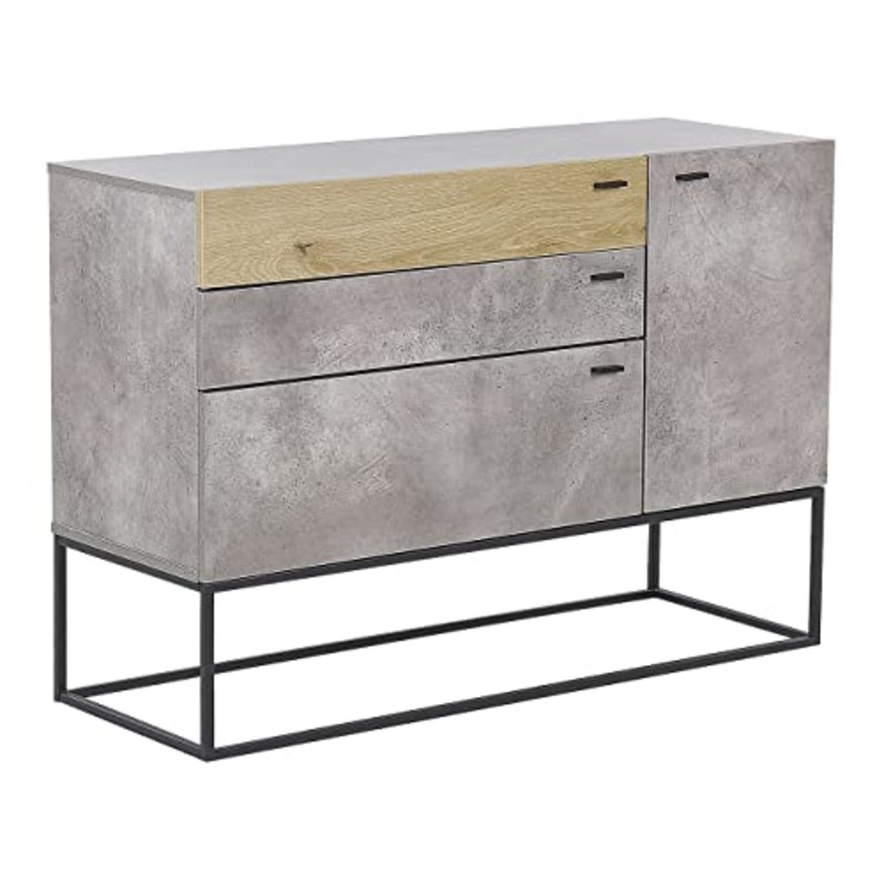Beliani Credenza Base in Metallo Nero 3 Cassetti Legno Chiaro e Grigio Arietta
