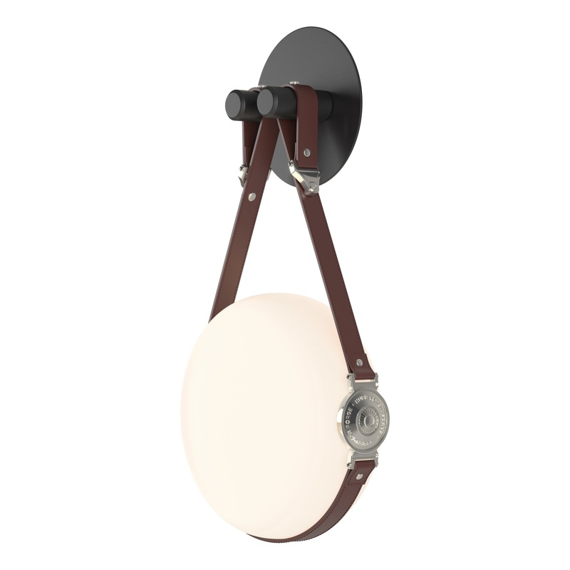 Derby LED Sconce Black Polished Nickel with British Brown Leather Hubbardton Forge Branded Plate