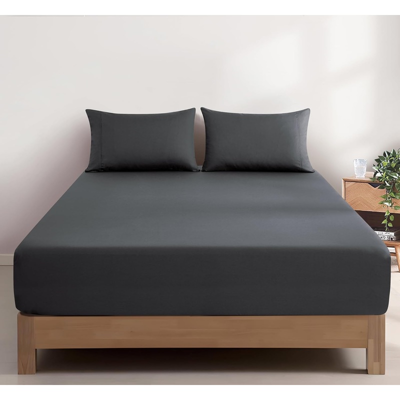 100% Vintage Washed Cotton Fitted Sheet Combo Set  100% Natural Cotton, Ultra Soft & Breathable  Includes Fitted Sheet & Pillowcases  Machine Washable (Charcoal, King)