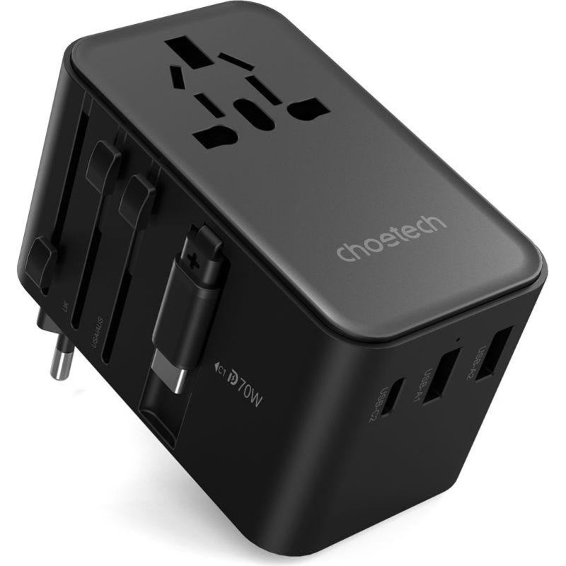 CHOETECH PD5022 70W EU/US/AUS/UK Travel Adapter with Built-in USB-C Cable – Black