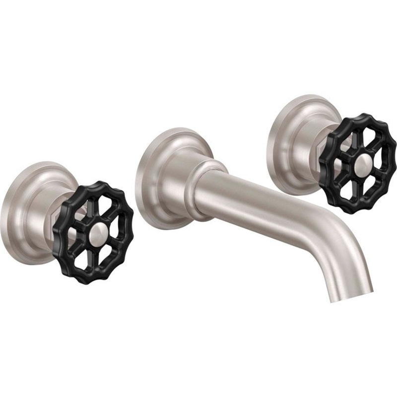 Lavatory Trim Descanso Works Vessel Wall 2 Black Wheel Burnished Brass Spout Reach 6-5/16 Inch 1.2 Gallons per Minute