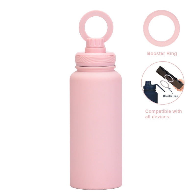 Light Pink 1L Stainless Steel Water Bottle with Magnetic Phone Holder Lid – Portable Hydration & Hands-Free Stand