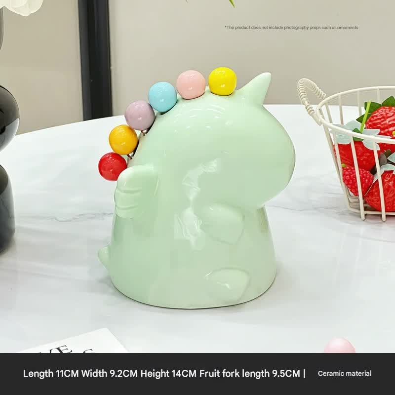 Adorable Unicorn Ceramic Fruit Fork Holder Set – Includes Stainless Steel Forks with Ball Tops(green)