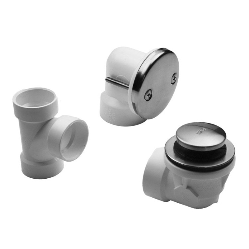 Drain Kit Toe Control with 2 Hole Faceplate Half Kit Satin Nickel 1/2 Inch Brass for Tub Includes Overflow Elbow Drain Shoe Tee & Trim Kit