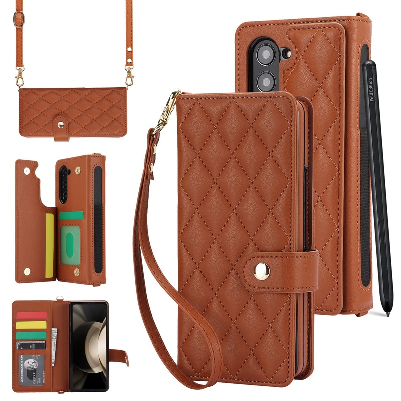 Brown Galaxy Z Fold5 Multi-Functional Leather Wallet Case for Samsung Z Fold Series – Crossbody with Pen Slot, Quilted Design Pen Not Included
