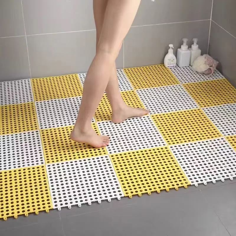 White And Yellow DIY Interlocking Non-Slip Floor Tiles – 18-Pack PVC Drainage Mat for Shower & Bathroom Safety