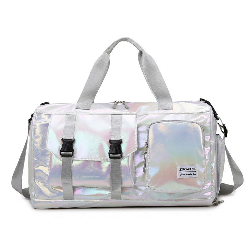 White Iridescent Gym Bag with Wet-Dry Separation – Large Capacity Travel and Fitness Duffel