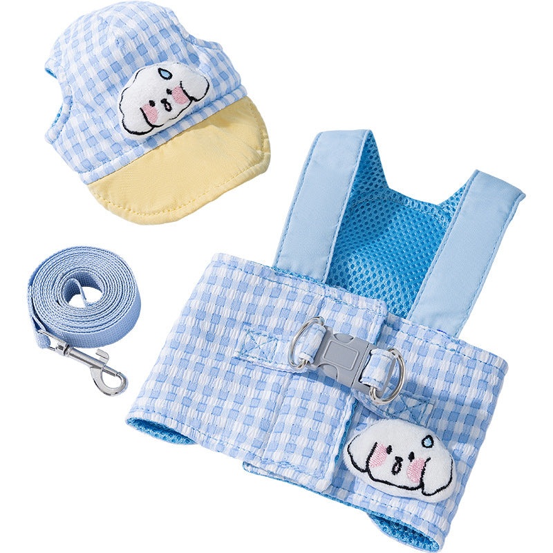 S Blue Pet Sun Hat with Adjustable Strap + Leash & Harness 3-Piece Set – Breathable Summer Cap for Dogs & Cats with Ear Holes