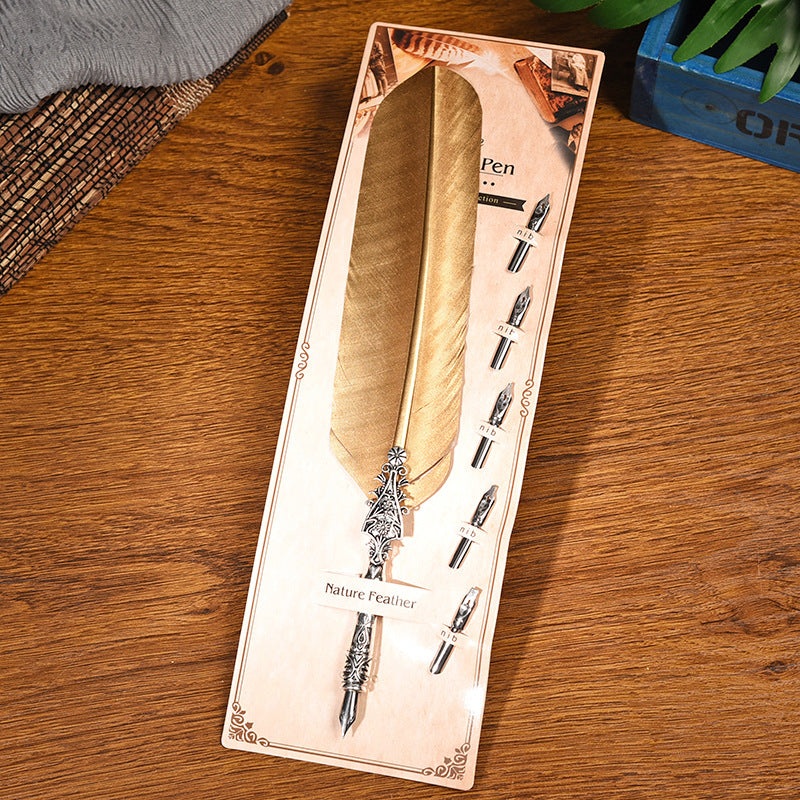 Vulcan Gold European Dip Feather Quill Pen Set – 2-Piece Retro Business Gift Box with 5 Nib Sizes