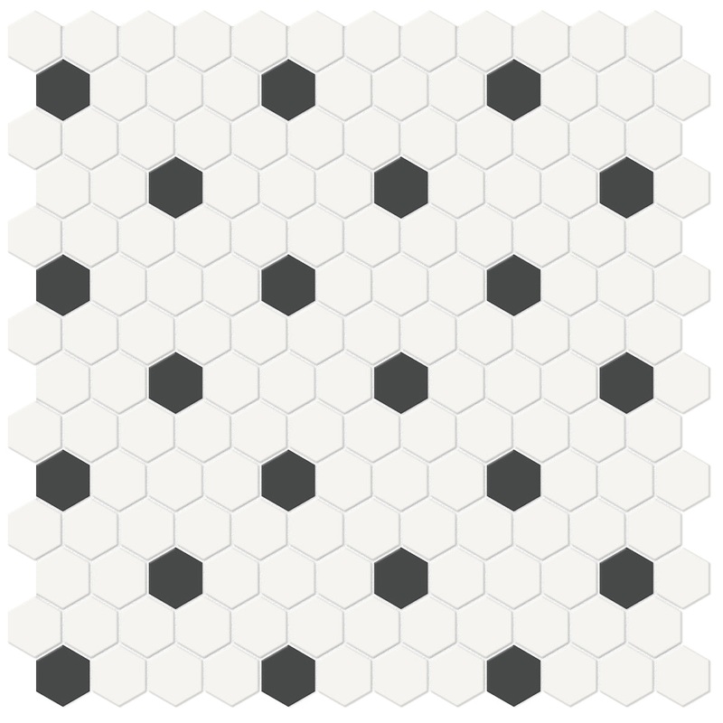1 Inch Soho Matte Canvas White Hexagon Mosaic With Retro Black Dots. Sheet = .93 Sq Ft.