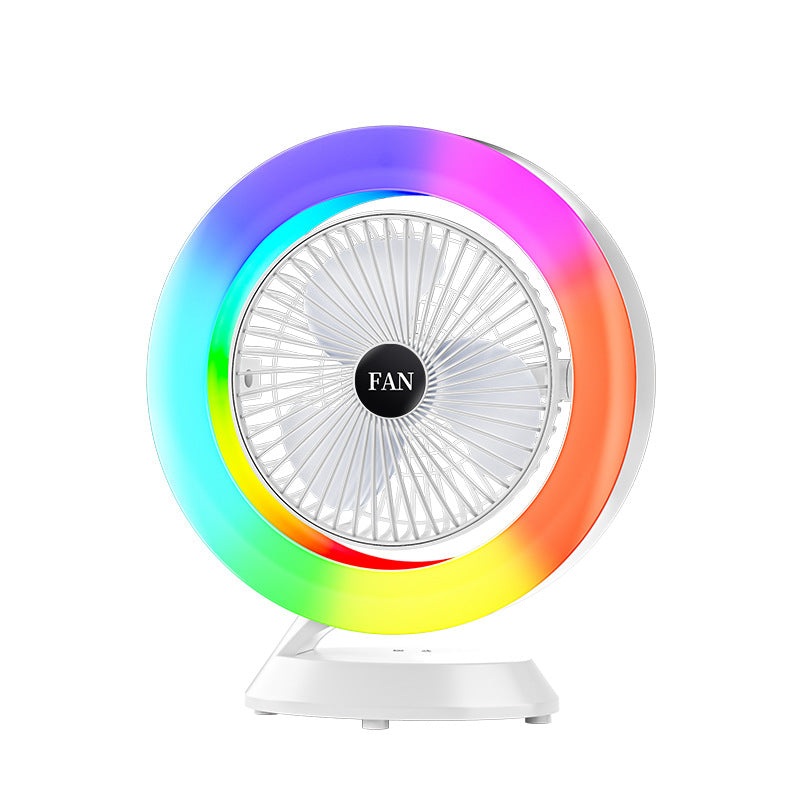 White RGB Desktop Fan – USB Rechargeable, 3-Speed, 180 Adjustable, LED Light