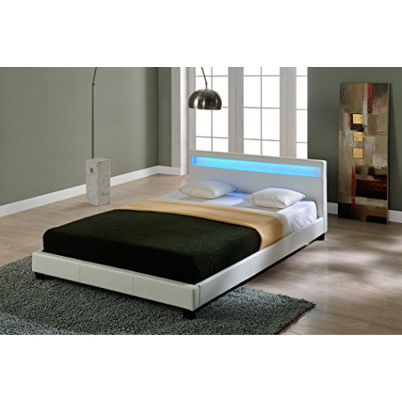 Corium Letto Imbottito Illuminazione LED (Paris) (Bianco)(140x200cm) Letto Moderno/Similpelle/con Rete a doghe di Legno /