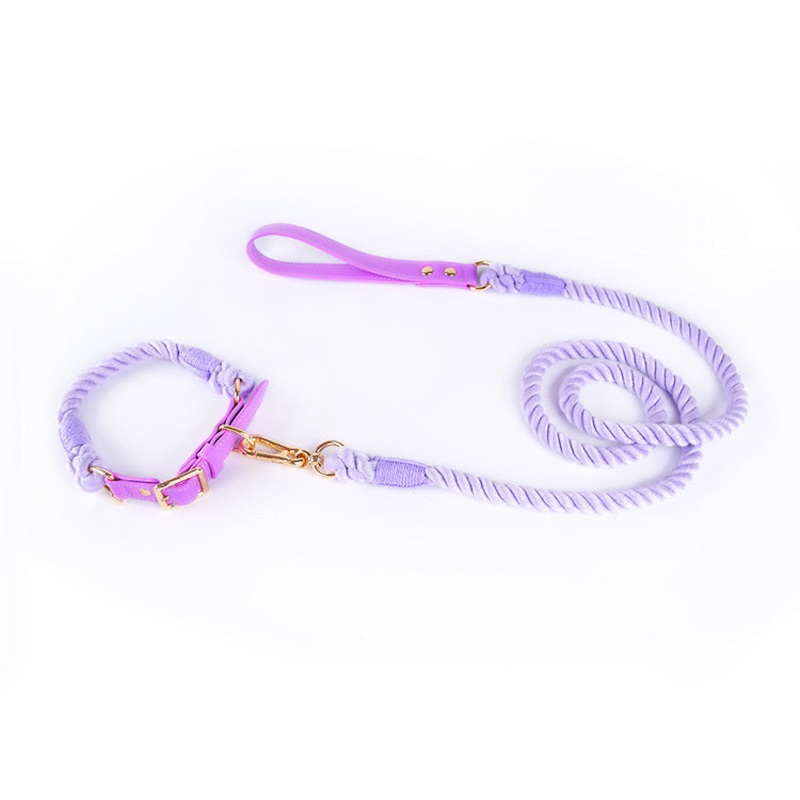 Premium Leather Pet Collar and Leash – Soft, Strong Braided Rope (Purple – Size S)