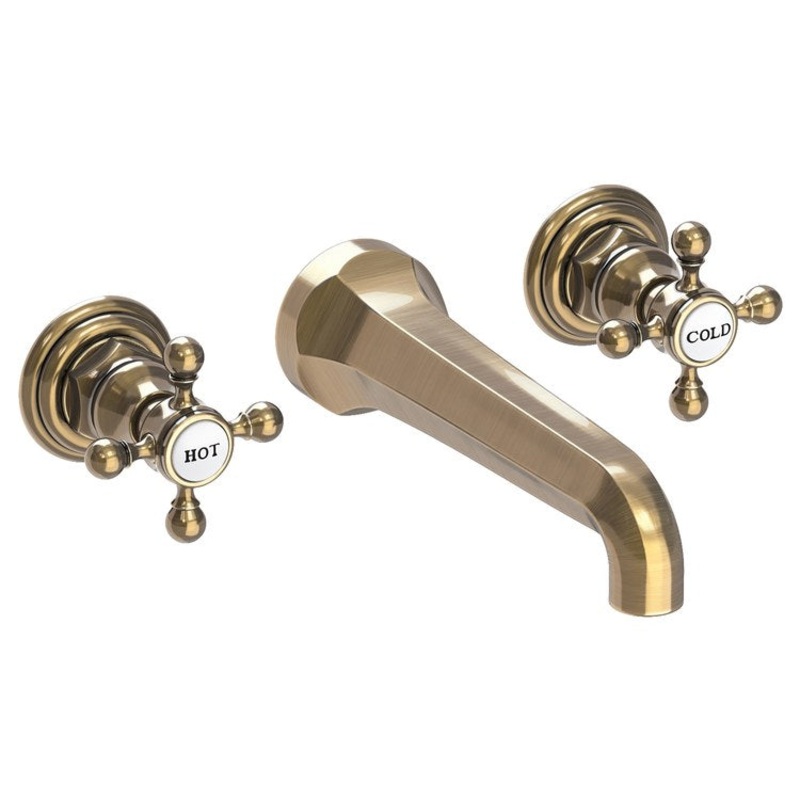 Lavatory Faucet Astor Wall Mount 8 Inch Spread 2 Cross ADA Watersense Antique Brass 1.2 Gallons Per Minute Brass Less Drain Spout Reach 7-1/2 Inch