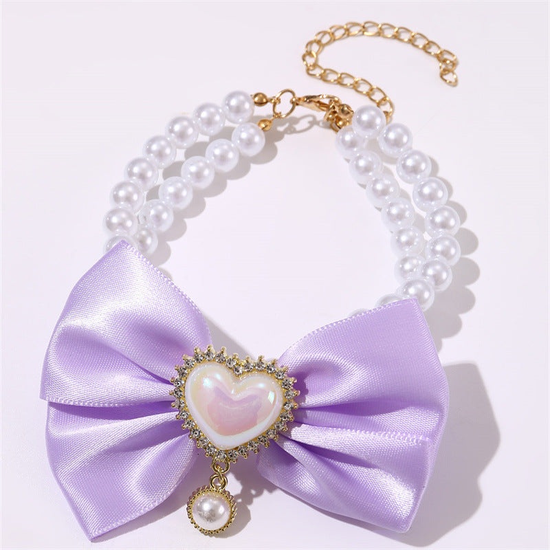 2 – PCS Cute Pet Pearl Necklace Collar with Purple Bow and Heart Charm – Size L