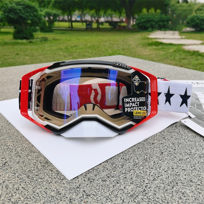 Performance Motocross & Off-Road Goggles – Increased Impact Protection with Lens Lock System(Red and black frame blue film)