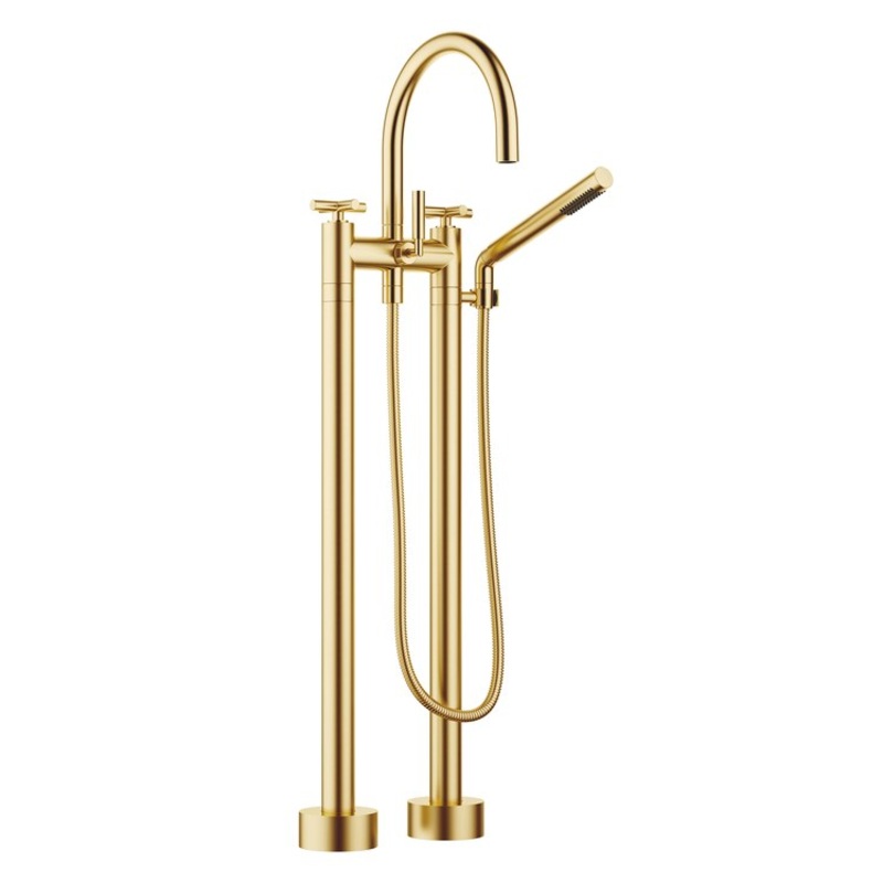 Tub Filler TARA Freestanding Mixer with Handshower 5-7/8 Inch Spread 3 Cross/Lever Brushed Durabrass