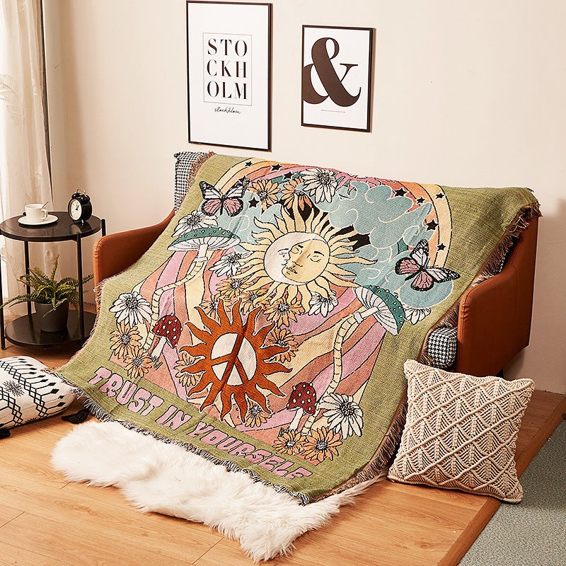 Humen Face Sun Artistic Jacquard Throw Blanket – American Style Illustrated Sofa Cover & Tapestry – 130 x 160cm