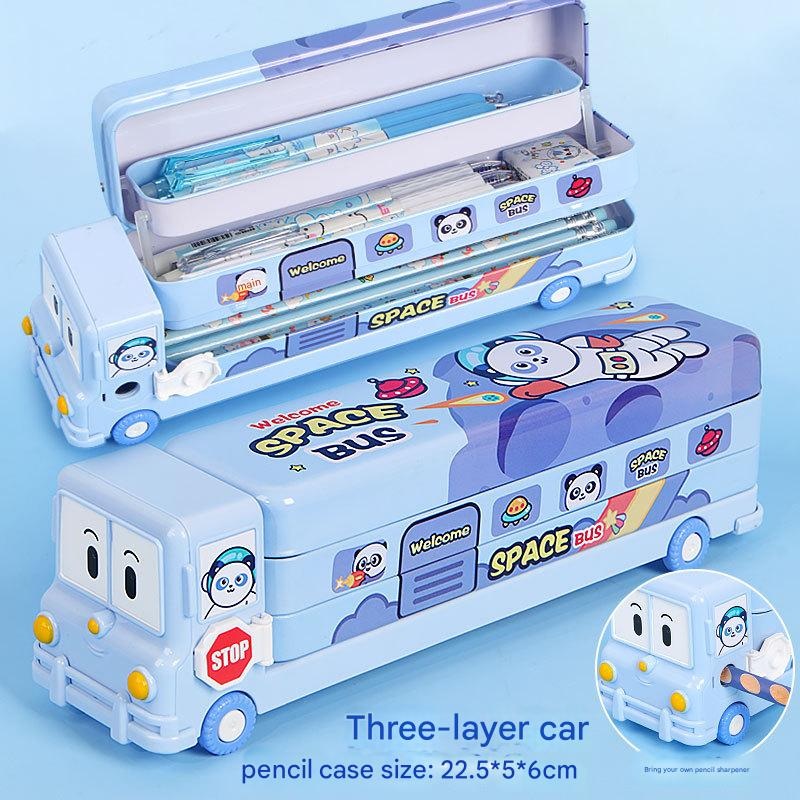 2-pcs Blue Fun School Bus Pencil Box with Built-in Sharpener – 3 Layer Large Capacity Stationery Box for Kids