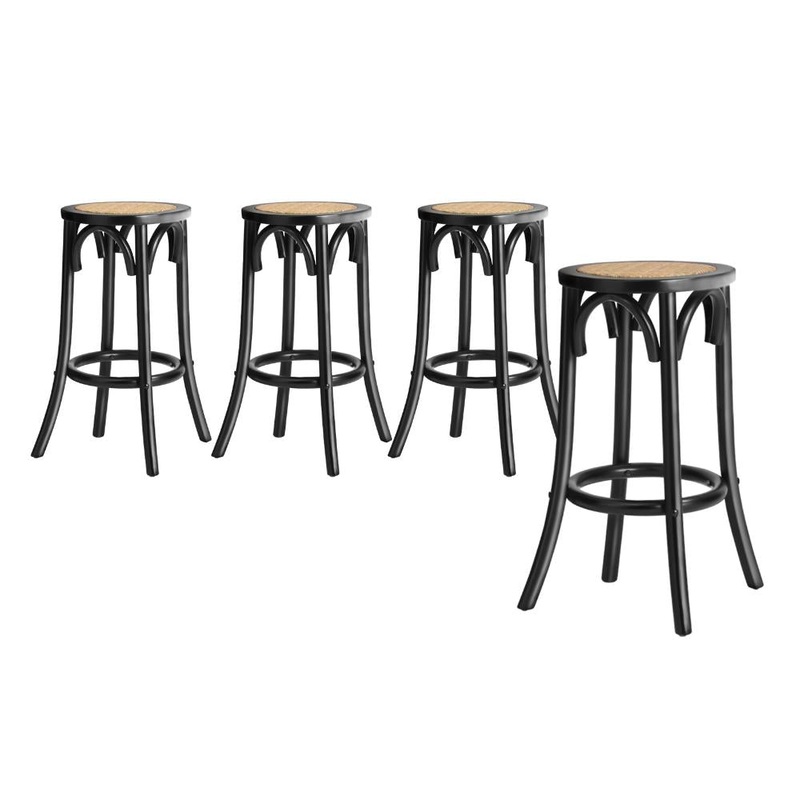 4x Bar Stools Dining Chair Rattan Seat Black