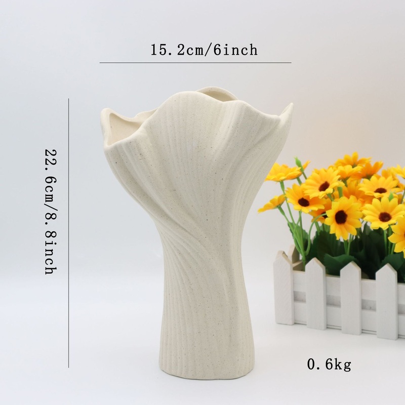 Beige Elegant Off-White Ceramic Vase – Modern Sculptural Flower Holder with Wide Fluted Opening